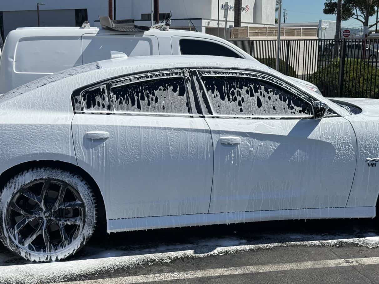 Dodge Charger side view covered in foam wash
