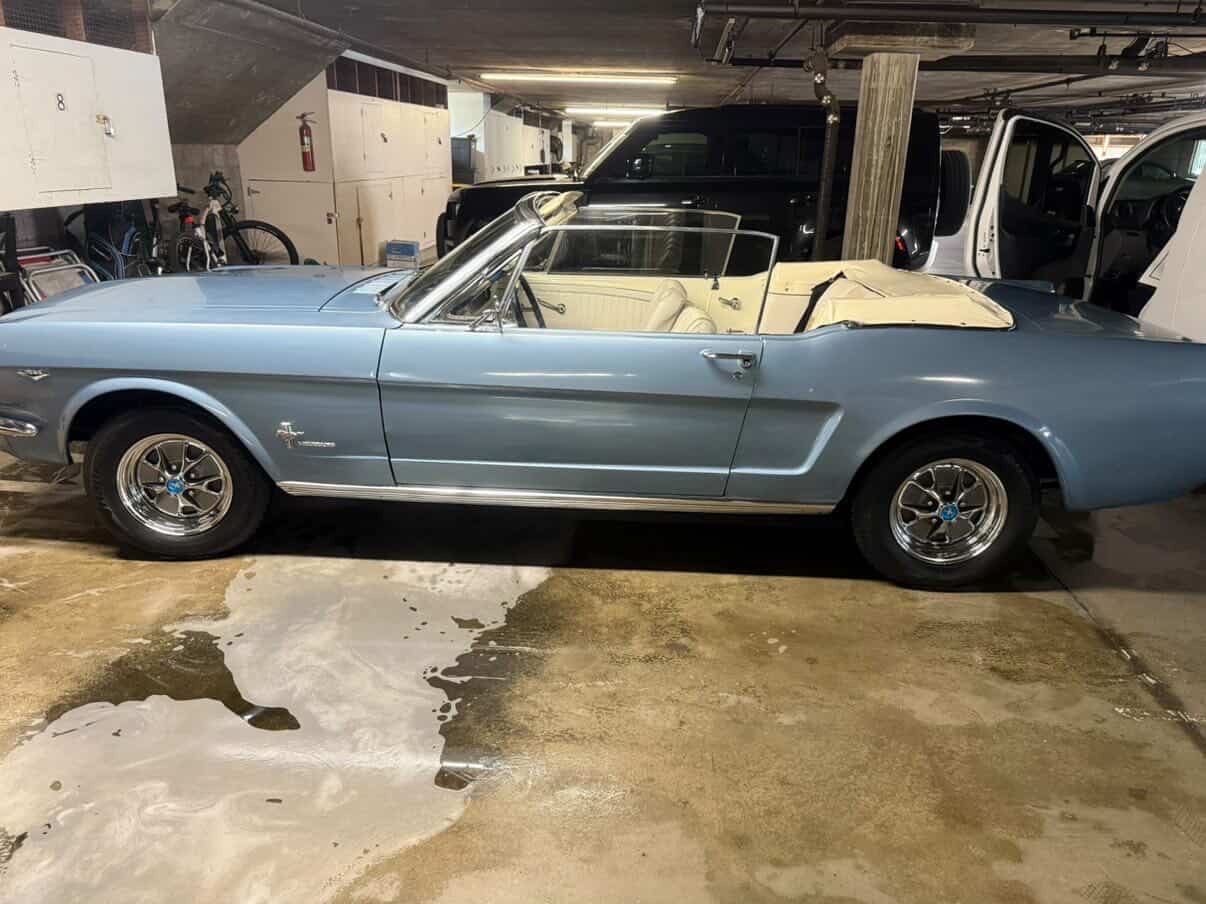Classic light blue Ford Mustang convertible side view